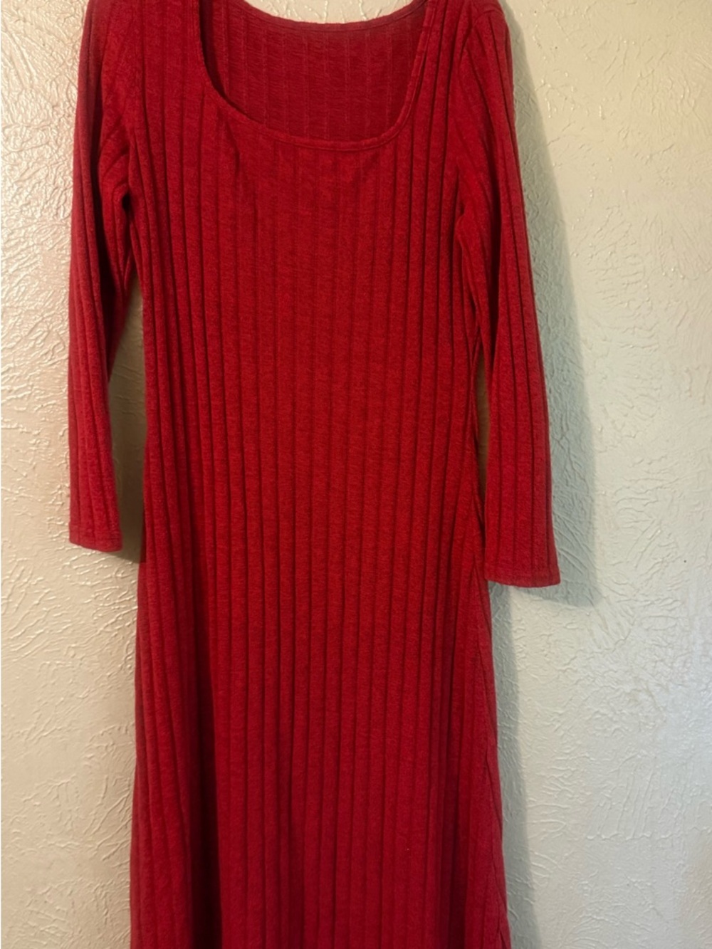 Red Ribbed Long Sleeve Knit Dress